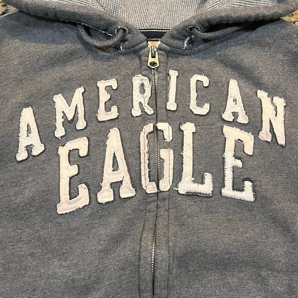American Eagle Mens Medium Gray Full Zip Embroidered Spell Out Y2K Hoodie Jacket